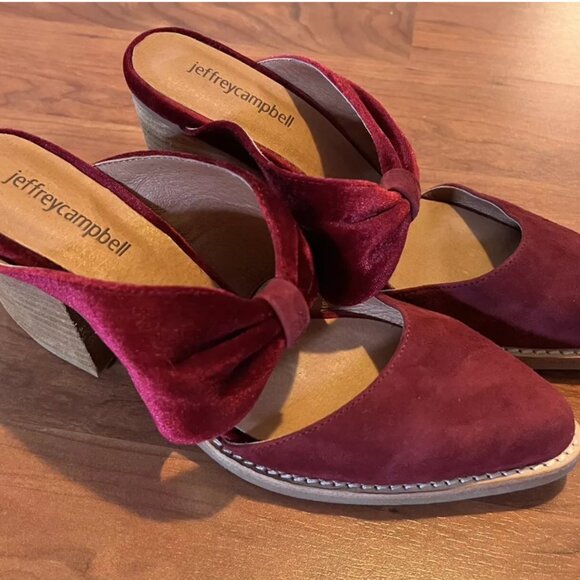 Jeffrey Campbell • Burgundy/Pink Velvet Stacked Heel Mules • 8 - Picture 1 of 9